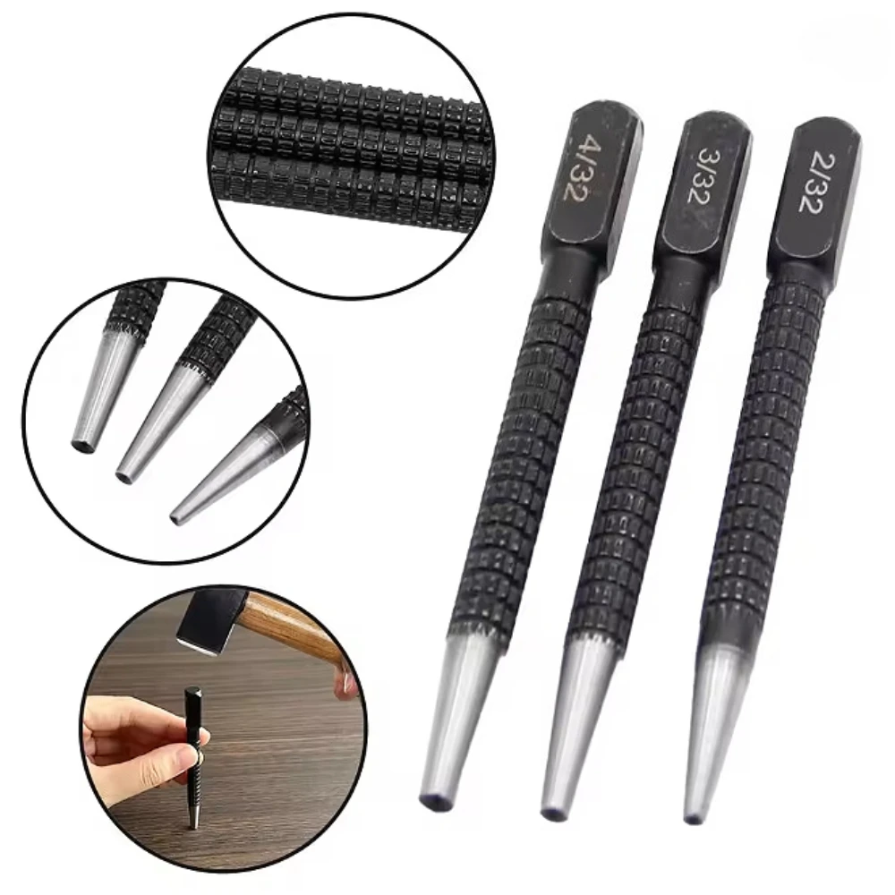 3 In 1 Tapered Center Punch Set Hard Steel Anti-slip Handle For Machining Woodworking Drilling Hole Position Marking Tool