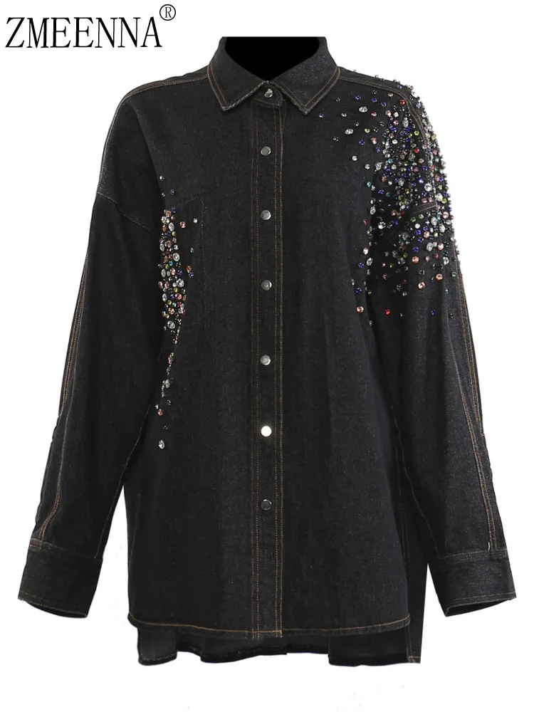 

ZMEENNA Women Oversized Denim Black Button-Up Jean Jacket With Multicolor Embellishments Long Sleeve Fit Vintage-Inspired ZM584