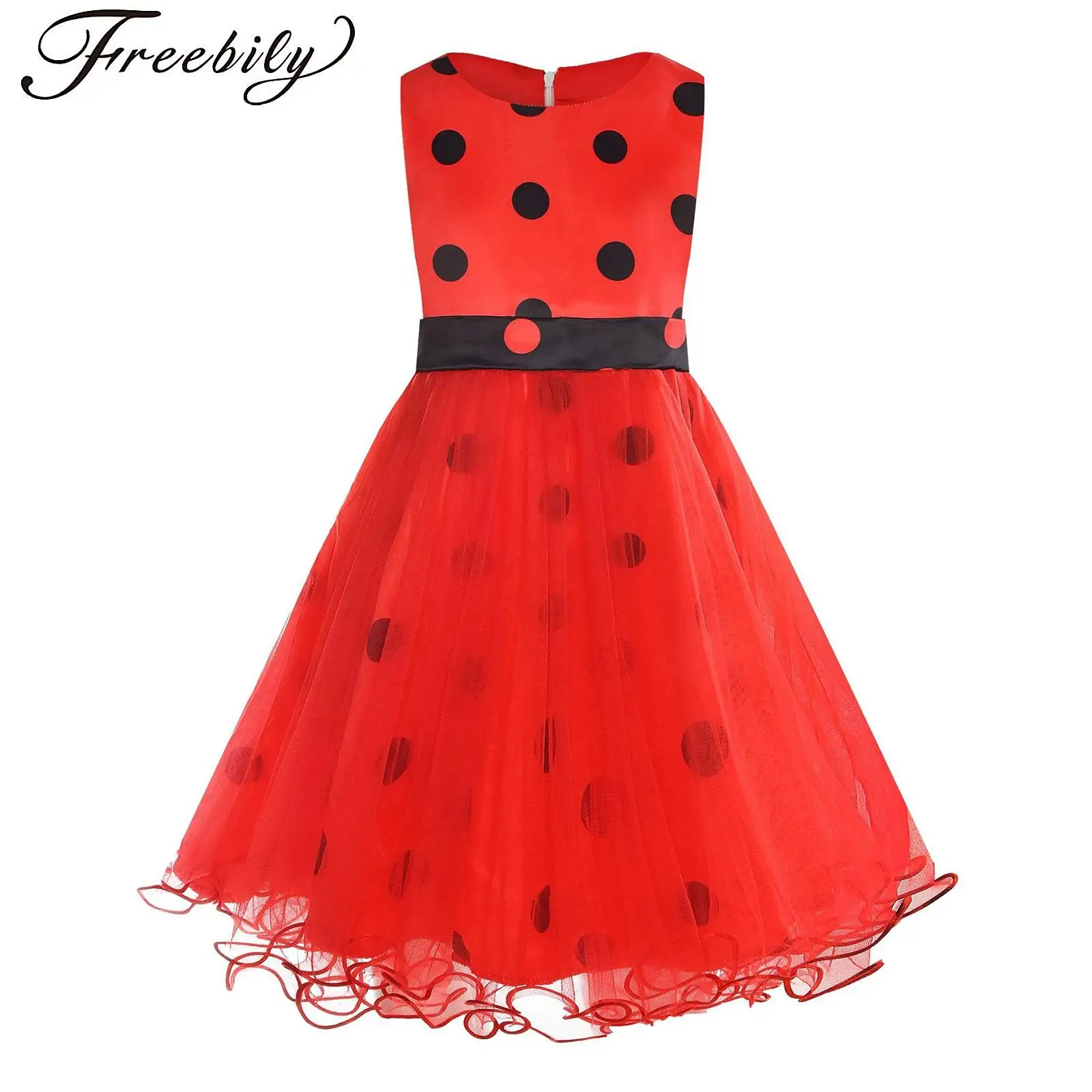 

Kids Girls Vintage Dresses Polka Dot Fancy Dress Round Neck Sleeveless Mesh Overlay Ruffled Dress Halloween Birthday Party Gowns