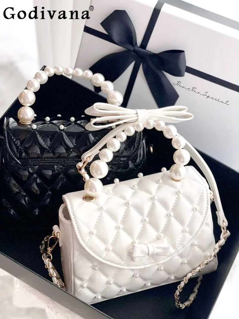 

Sweet Elegant Japanese Original Lolita Diamond Handbag Princess Style Pearl Bow Versatile Patent Messenger Bag for Women