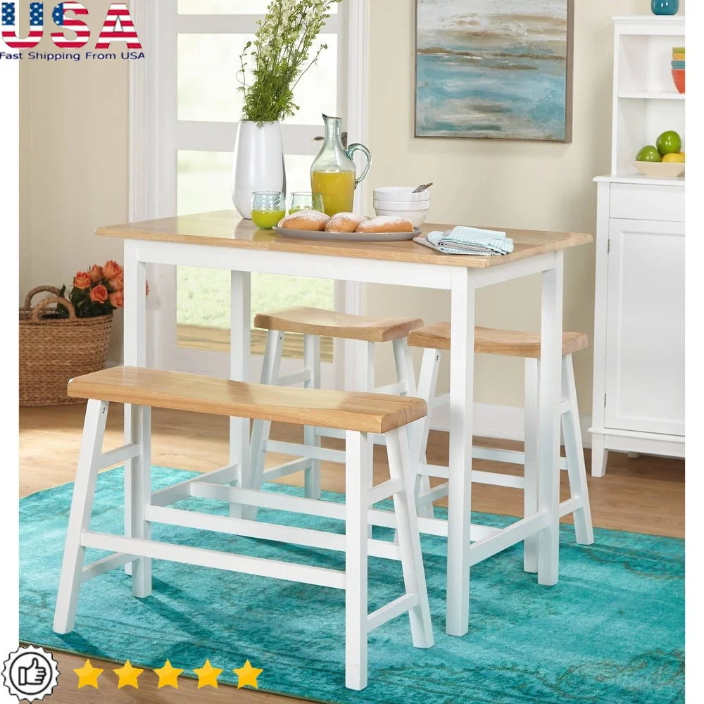 

4-Piece Counter Height Dining Set with Table Stools Bench Rubberwood Indoor Furniture Trestle Base A-frame Design Solid Print