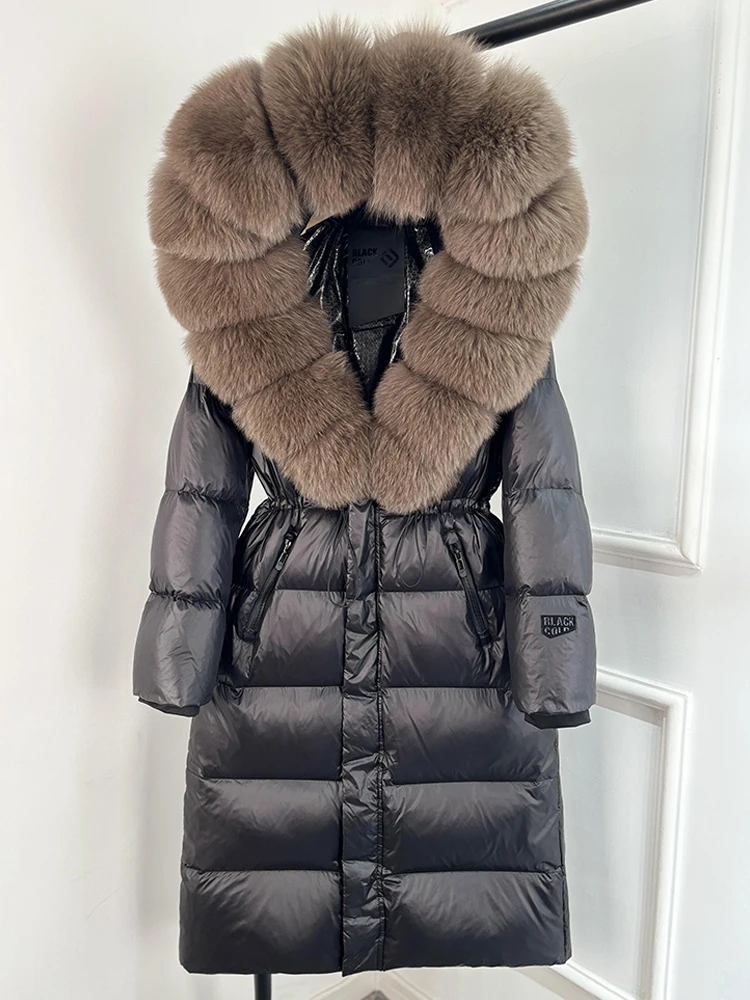 Janveny Thick Glossy Long Puffer Jacket Women Real Fox Fur Hooded 2026 Winter 90% Duck Down Coat Waterproof Female Warm Parkas