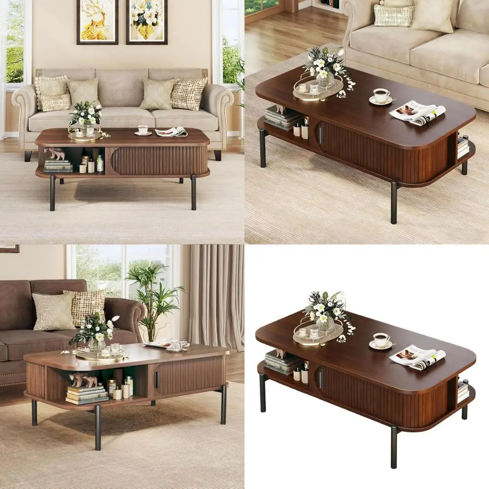 

Rustic 2-Tier Walnut Coffee Table with Storage and Sliding Cabinet Door