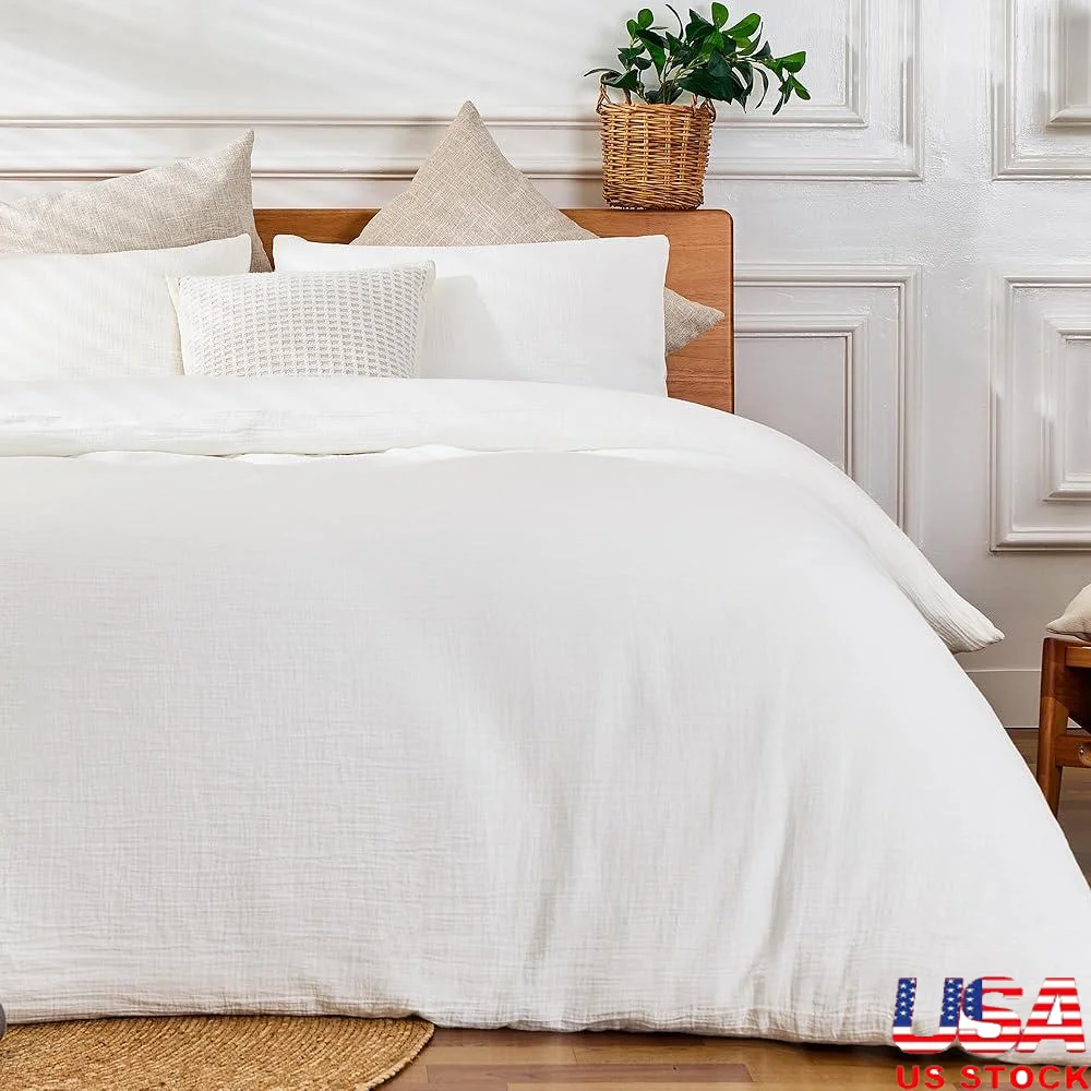

Soft Cotton Queen Duvet Cover Set 3 Pieces Sandwashed Breathable Fabric Zipper Closure Corner Buttons Eco-Friendly Reusable