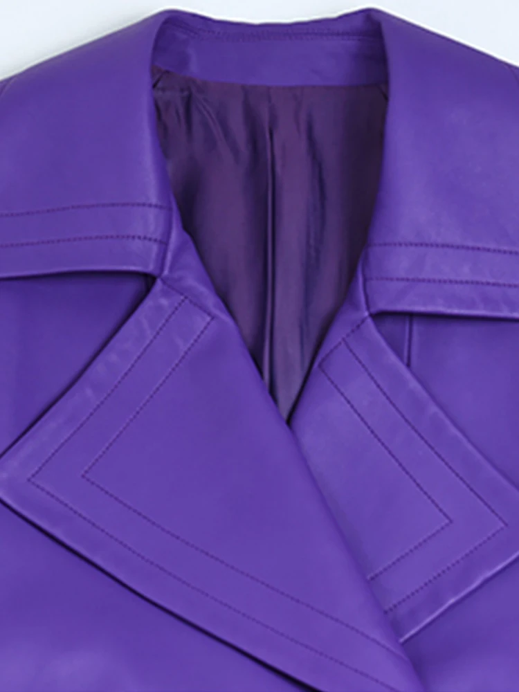 Lautaro Spring Autumn Long Luxury Elegant Purple Colored Faux Leather Trench Coat for Women Sashes Runway Designer Fashion 2022