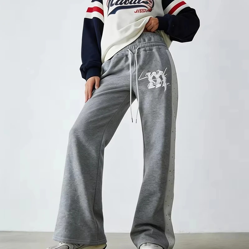 

Unisex Y2K Flare Sweatpants Rhinestone Color Block Drawstring Casual Fleece Jogger Pants Streetwear Men's Clothing