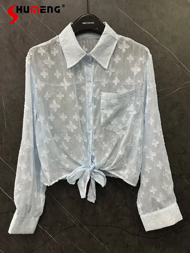 

2026 Women's Summer New Creative Design Shiny Rhinestone Lace-Up Long-Sleeve Shirts Loose Comfort Tops Pocket Decoration Shirts
