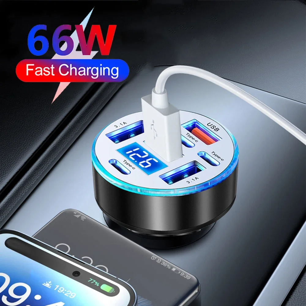 66W 8 Ports Car Charger PD QC3.0 4 USB 4 C Fast Phone Charging Adapter With Voltage For iPhone Samsung Huawei Xiaomi