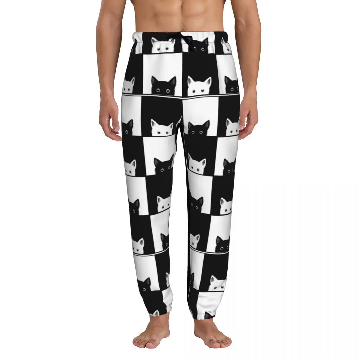 Men Sports Pants Male Casual Loose Trousers Black White Cat Chess Board Sportpants