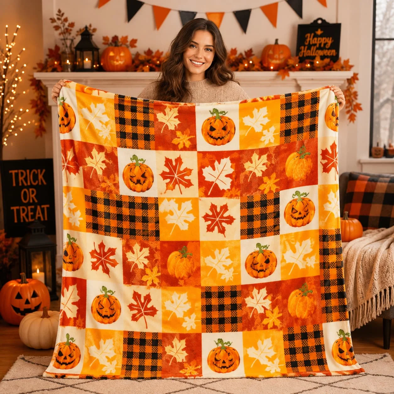 ROMROL Halloween Fleece Throw Blanket Pumpkin Leaves Fall Plaid Soft