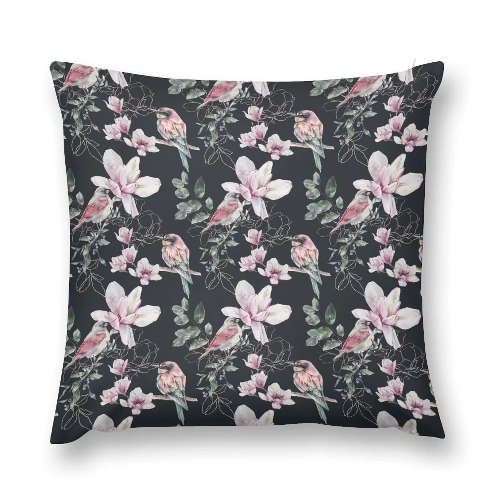 Beautiful Pink Flowers, Birds on Black, Floral Pattern Throw Pillow Pillow Cases Decorative Cushions For Decorative Sofa pillow