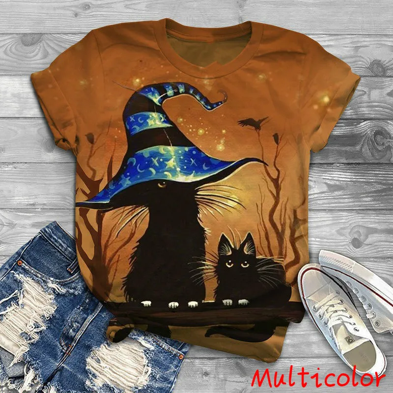 Halloween Men's and Women's T-shirts Round Neck Short Sleeve Pumpkin Lantern Cat Witch 3D Digital Print Summer Quick Dry Top