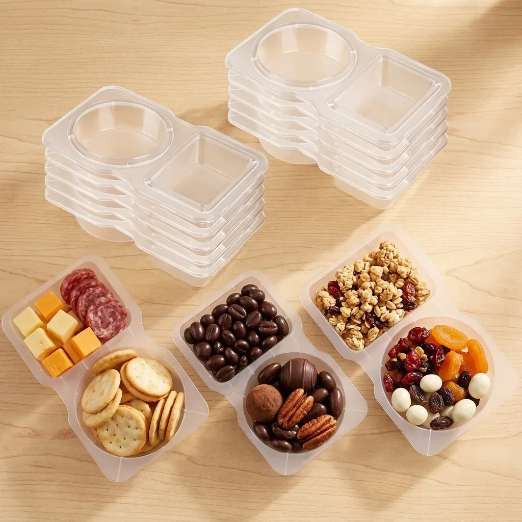2 Compartment Clear Plastic Snack Containers Disposable Divided Charcuterie Trays To-Go Fruit Nut Cheese Cookie Snack Boxes for Travel Picnic Party Takeaway Food Packaging