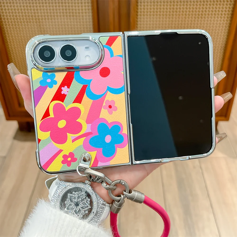 Luxury Korea Ins Colorful Flower Phone Case For iPhone Duo Protection With Shockproof Fold Phone Cover with Chain Cute Cases