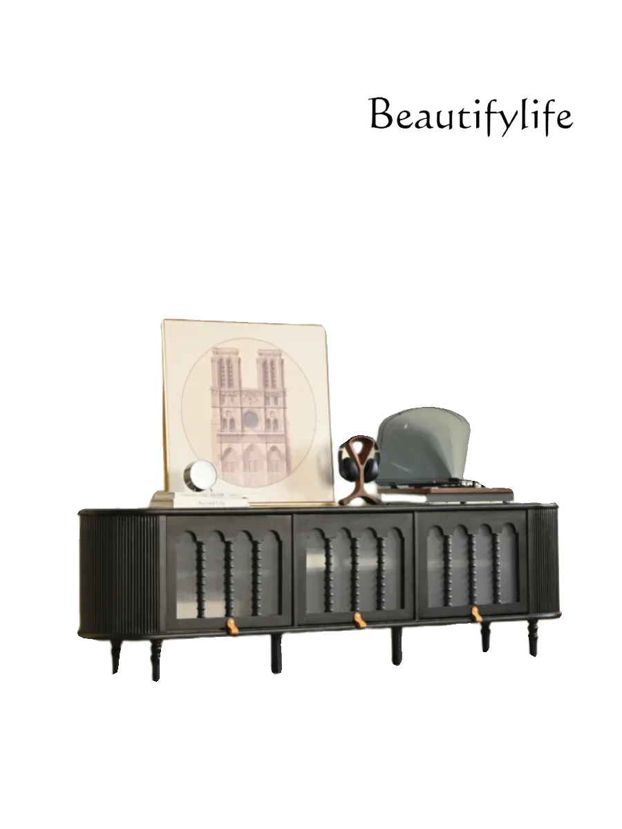 

yj9 French solid wood TV cabinet smoked black small apartment living room locker American retro floor cabinet