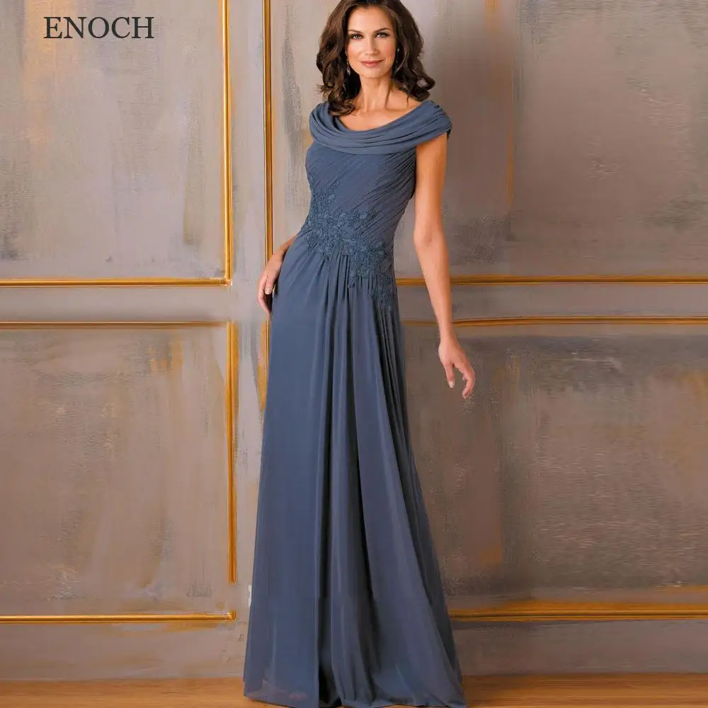 ENOCH Elegant O-Neck Chiffon Mother Of The Bride Dresses Pleated Appliques Cap Sleeves Evening Dresses Zipper Vestidos De Mujer