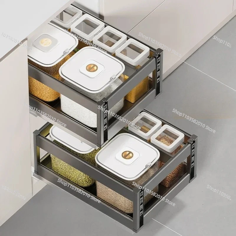 Embedded Double-Layer Aluminum Alloy Drawer Rice Box, Kitchen Cabinet Rice Bucket & Dry Goods Storage Noodle Bin