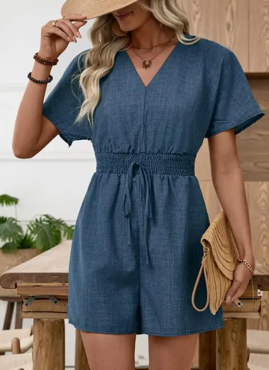 Jumpsuit Women 2026 Spring Summer New Versatile Solid Color Casual Waist Cinched Shirred Short Sleeved V-Neck Daily Romper
