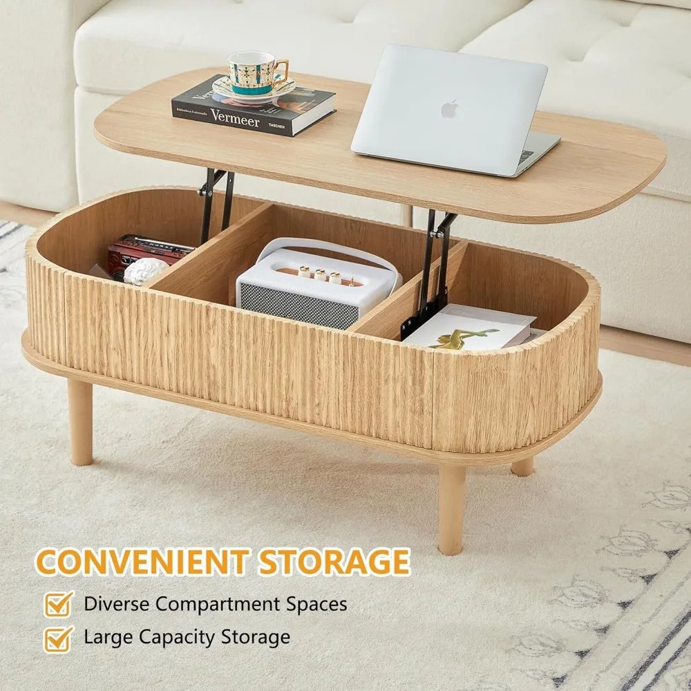 Mesa de centro elevable estriada con compartimento oculto, mesa central de madera completamente ensamblada, mesa elevadora ovalada moderna para el hogar Li