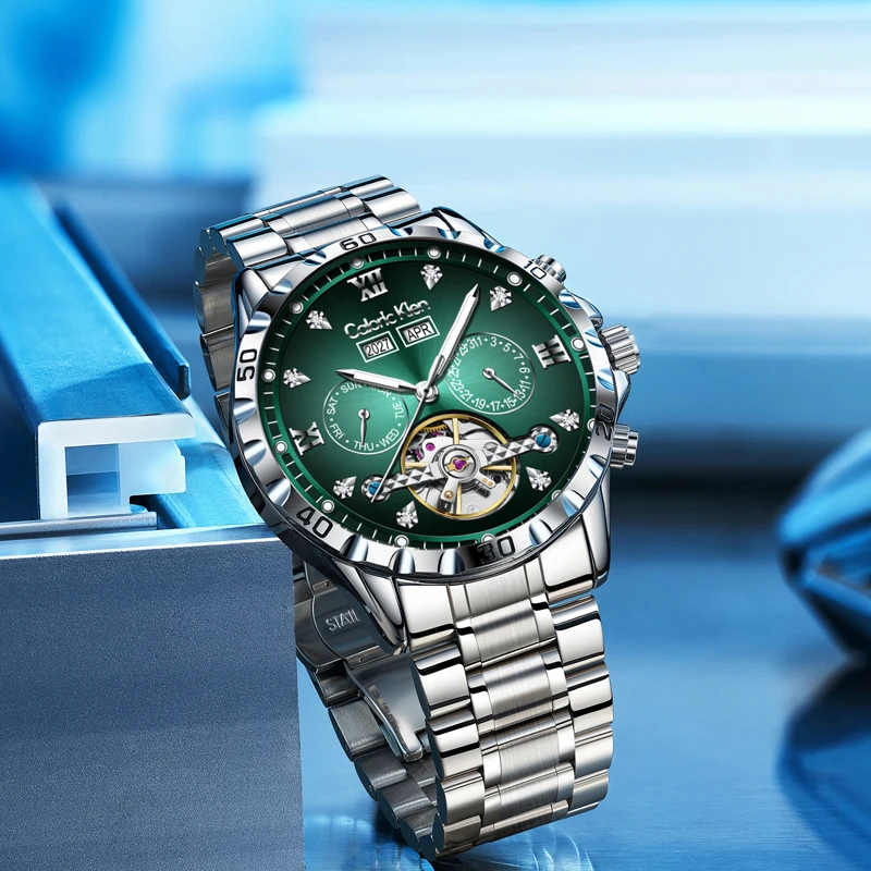 ساعة ميكانيكية فاخرة متعددة الوظائف للرجال من الفولاذ المقاوم للصدأ مقاومة للماء ساعات توربيون أوتوماتيكية للرجال ساعة تقويم كلاسيكية #5