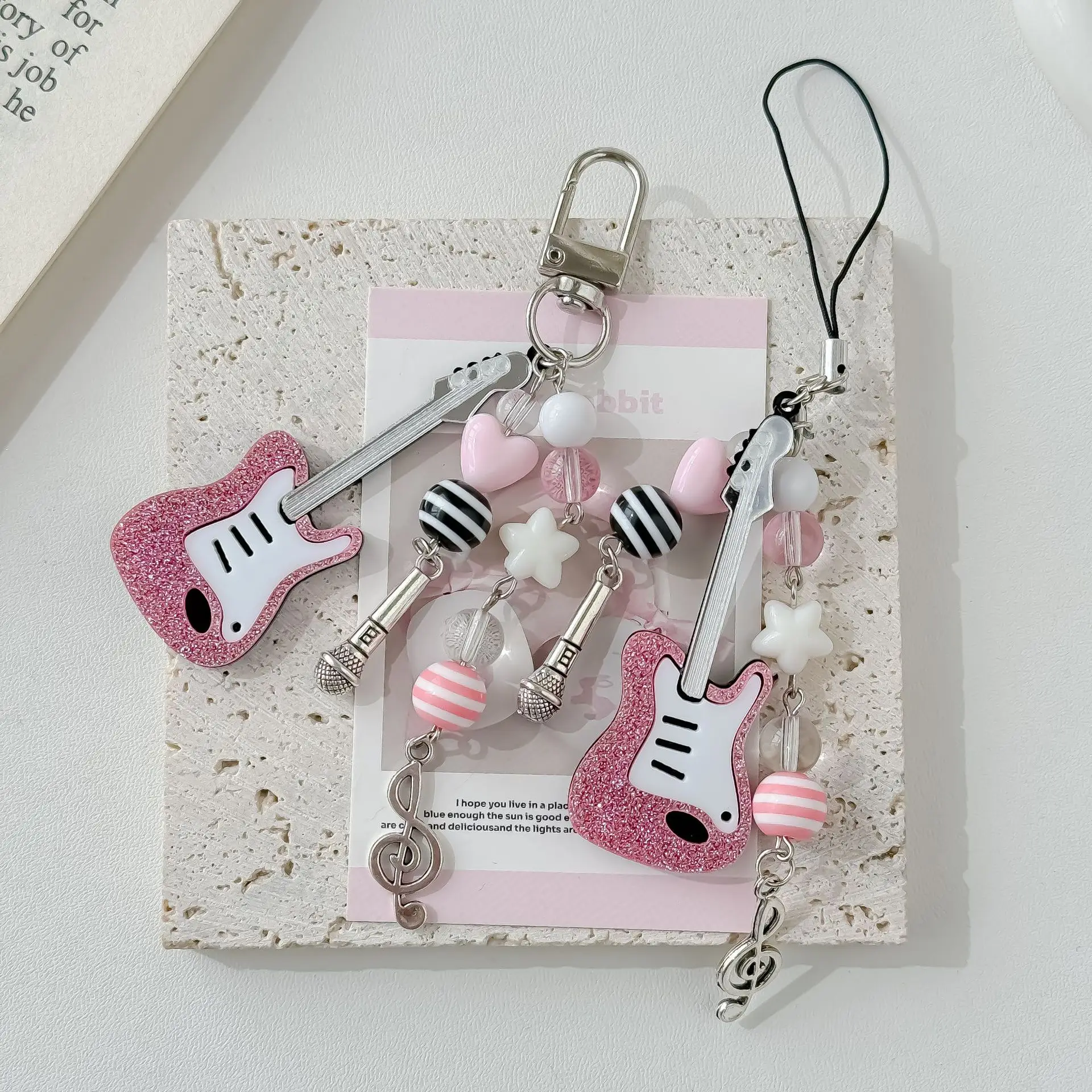 Y2K Phone Charms Pink Guitar Radio Keychain Microphone Pendant Key Ring Bag Phone Lanyard Cute Accessory for Girls Women Jewelry