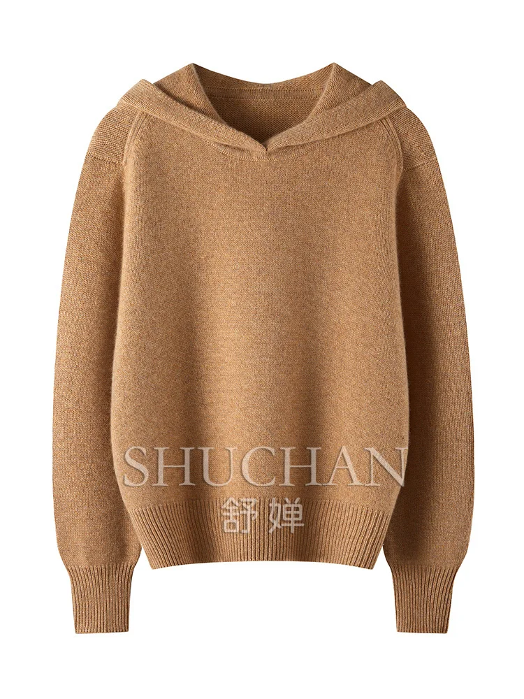 

2025 New Popular 100 Pure Cashmere Sweater Women's Winter Thickened Lazy Wind Hooded Knitted Sweater Top Jacket 400g