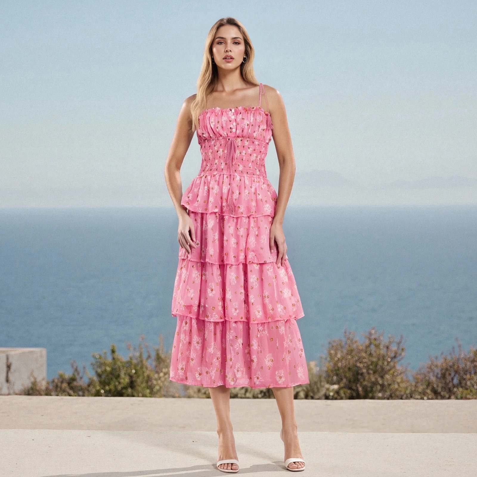 ใหม่แฟชั่นสตรียาวชุดสาย Daisy พิมพ์สปาเก็ตตี้สายคล้องคอฉัตรเค้กชุดขายร้อน S-XL