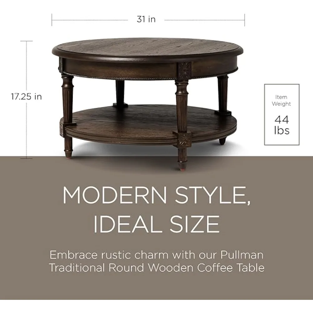 Pullman Large Curved 2 Tier Traditional Round Circle Wooden Center Coffee Table with Shelf Storage in Rustic Antiqued Brown