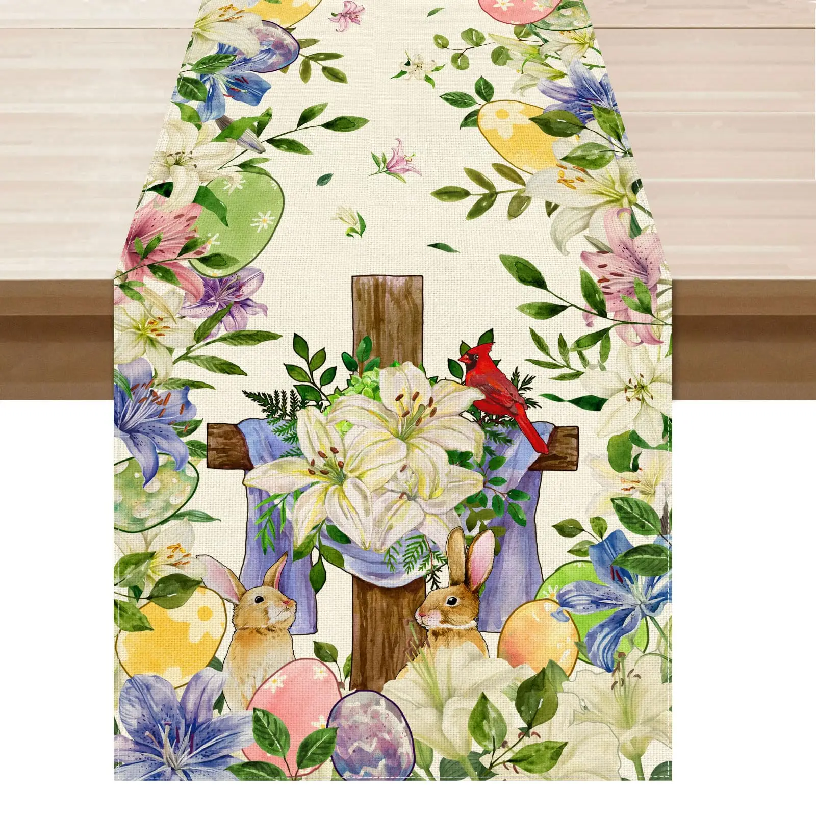 Bunny Flowers Cross Eggs Rabbit Easter Table Runner Table Decoration for Party Home Kitchen Dining Holiday Decor