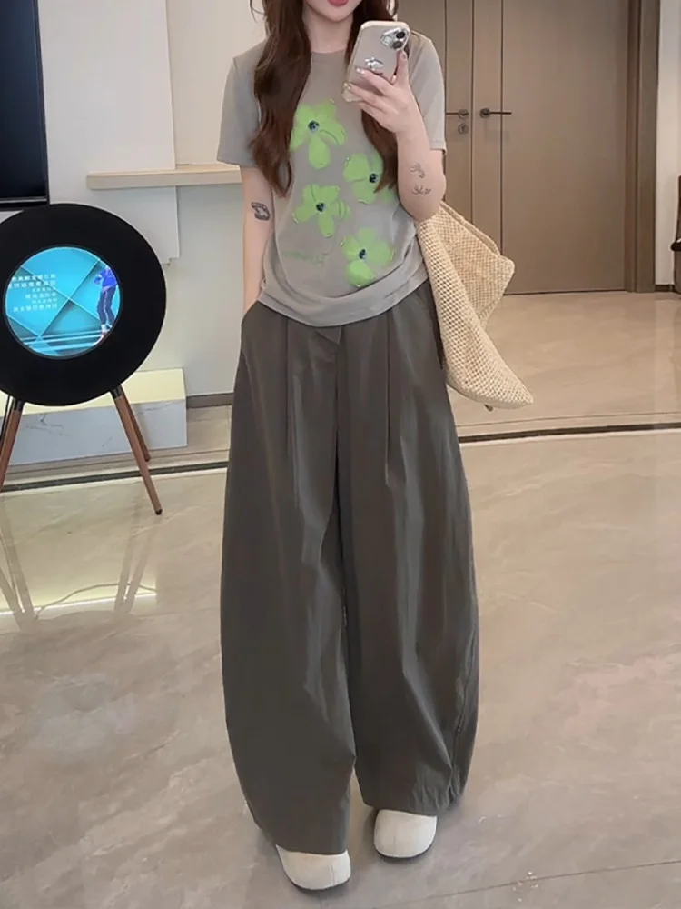 

Unique Beautiful Summer Ladies Print T-shirt High Waist Wide Leg Pants Fashion Set 2026 New Style Popular Casual Wear