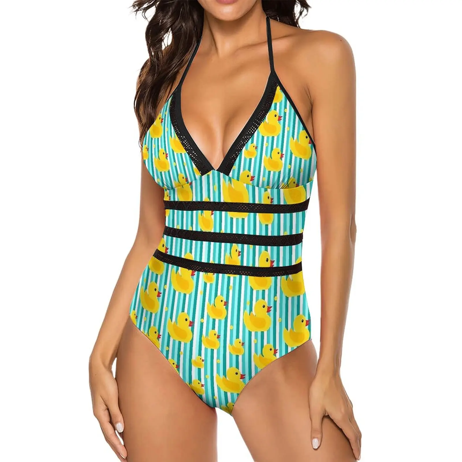 

Yellow Rubber Ducks Swimsuit Blue Stripes Swimwear One-Piece Beach Graphic Bodysuit Monokini Ladies Push Up Sexy Beachwear