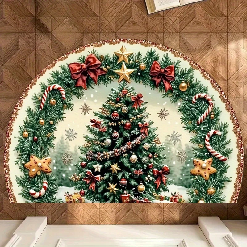 VIKAMA Half Round Xmas Floor Mat Wreath Pine Bow Candy Cane Element Non Slip Rug For Porch Living Room Indoor Holiday Home Decor