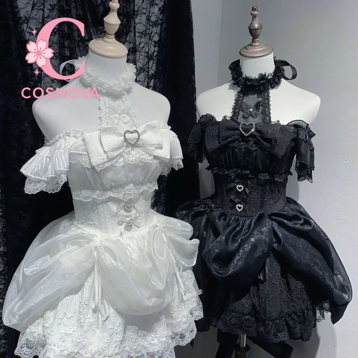 

Милое японское платье с лямкой на шее в стиле Лолиты, кружевное платье с бантом на талии, черно-белое пышное вечернее платье, милое кавайное корейское цельное платье