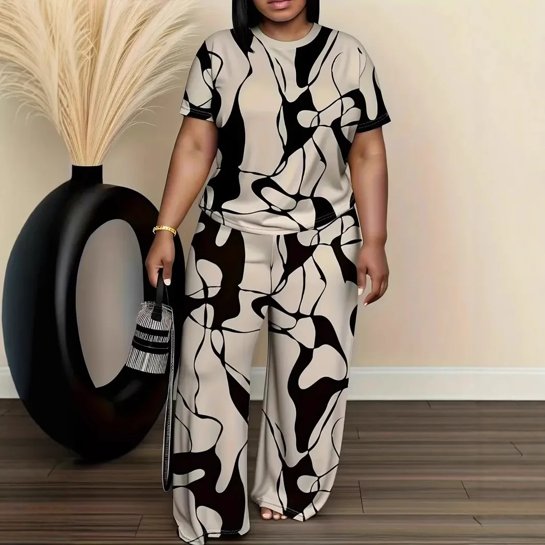 

Conjuntos Femininos, летний модный костюм с короткими рукавами и принтом, женская футболка большого размера с круглым вырезом, широкие брюки, костюм из двух предметов