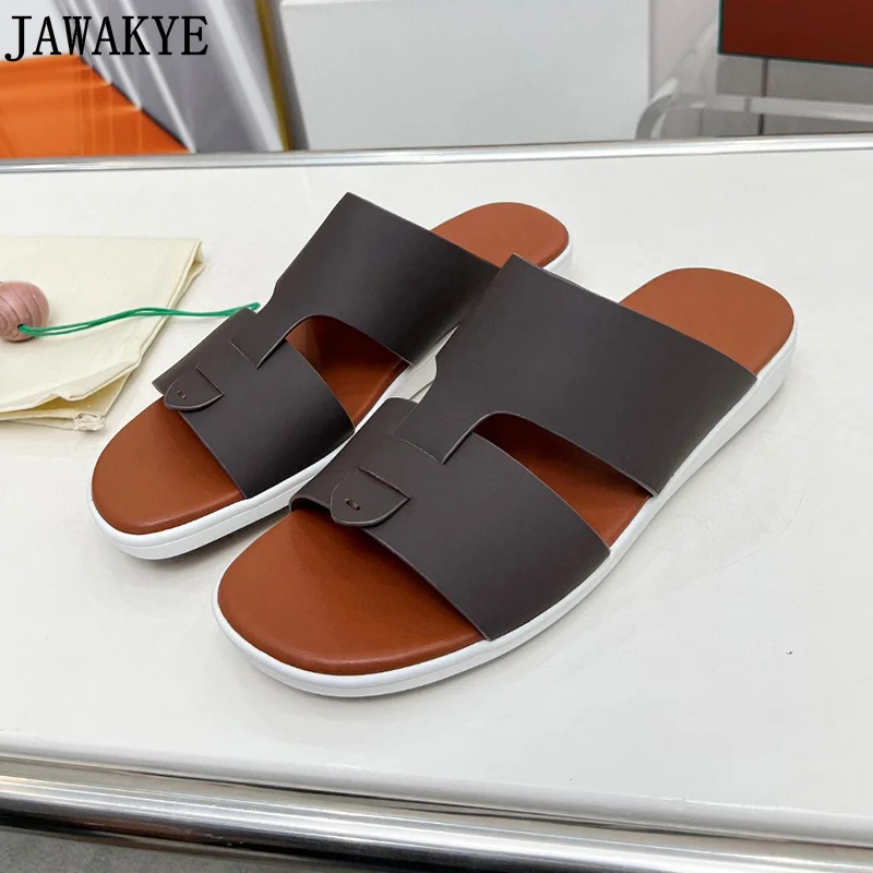 New Brand Flat Slippers Men Real Leather Flat Summer Walking Shoes Male Brown Platform Shoes Slide Runway Beach Slippers For Men