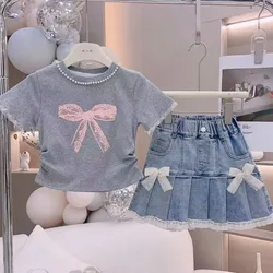 New Baby Girls Summer Fashion Teenage Sets, T-shirt + Jean Bow Skirts Princess Causal Suits 5-12T