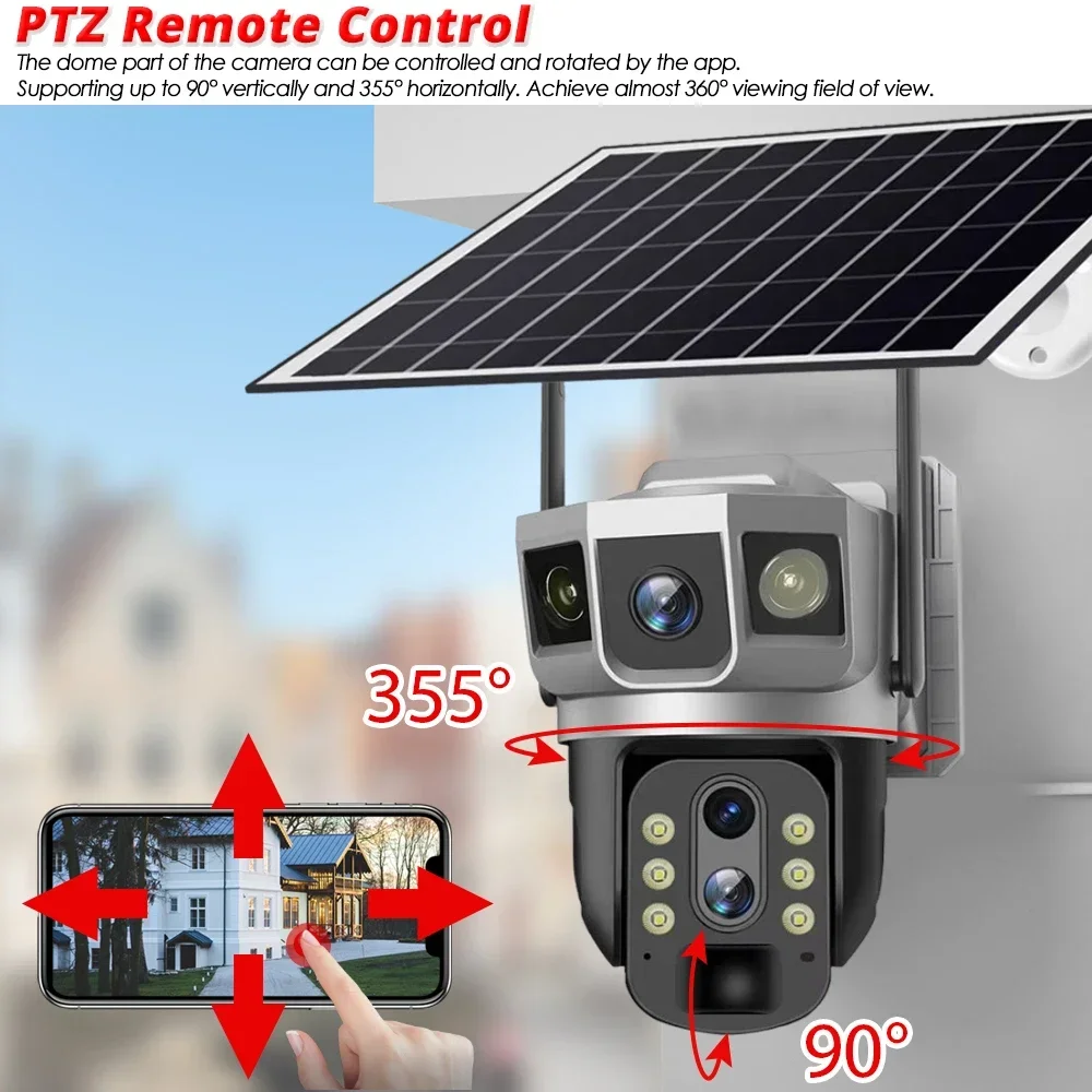 Kamera Smart Solar 4G Sim luar ruangan tiga lensa WiFi 12MP 6K IP Panel surya Camara CCTV keamanan kamera PIR baterai tanam V380