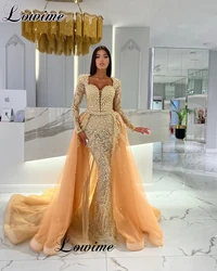 Two Pieces Champagne Evening Dresses With Detachable Train Pearls Long Sleeves Celebrity Dresses Mermaid Robes De Soirée Custom