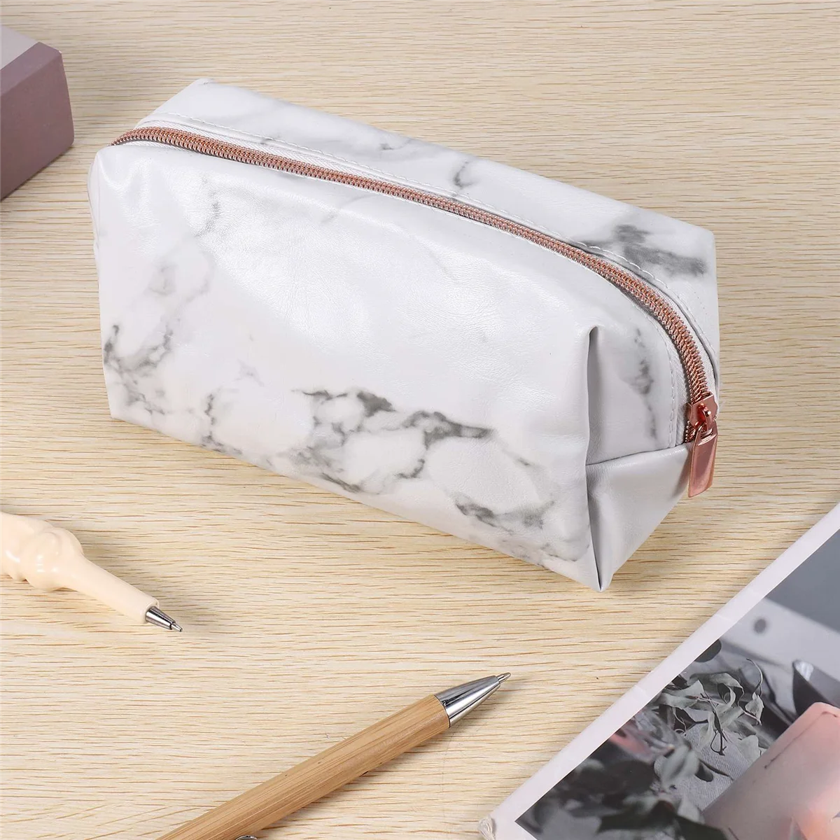 White Marble PU Stationery Pencil Case Pouch Makeup Bag with Rose Gold Zip for Girls Woman's Teenagers