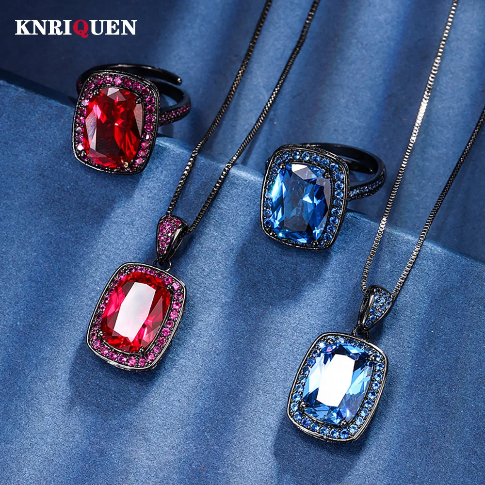 

Retro 10*14mm Sapphire Ruby Gemstone Necklace Pendant Ring Wedding Party Fine Jewelry Set for Women Accessories Anniversary Gift