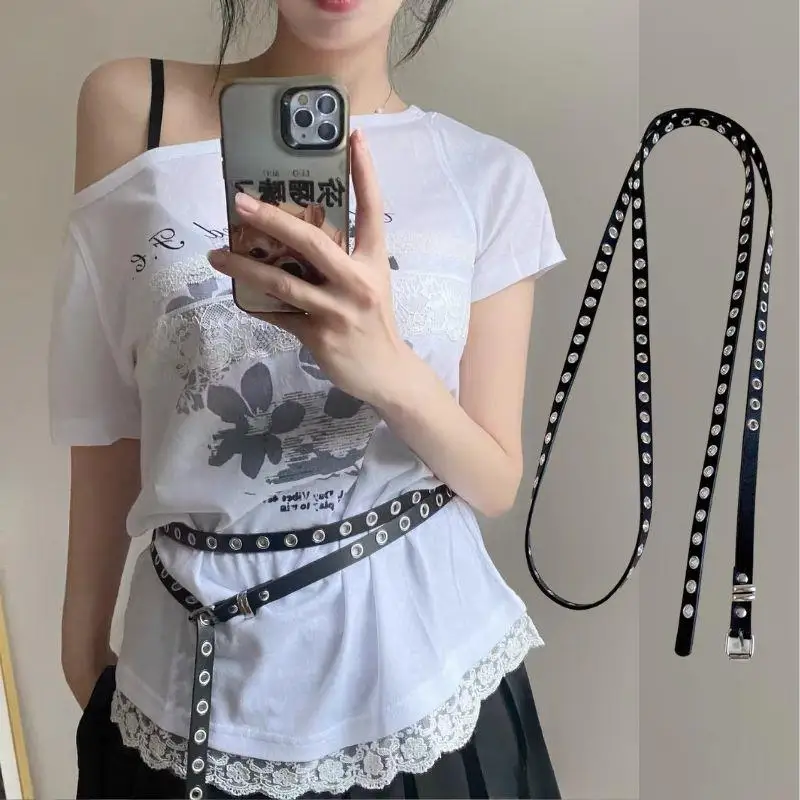 Koreański Dwuwarstwowy Pasek Nitowany Oczkowy Pasek ze Skóry PU Ozdobny Cienki Pasek do Talii Wiązany Bardzo Długi Cienki Pasek z Otworami