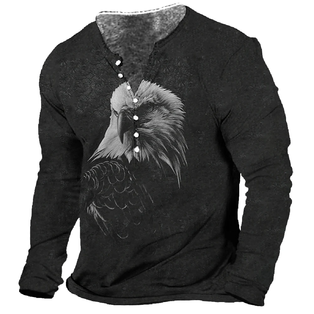 Men T-Shirt Henley Vintage Eagle Motorcycle Print Long Sleeve Daily Top Harajuku Streetwear Tee Men Seven Button Tshirt Pullover