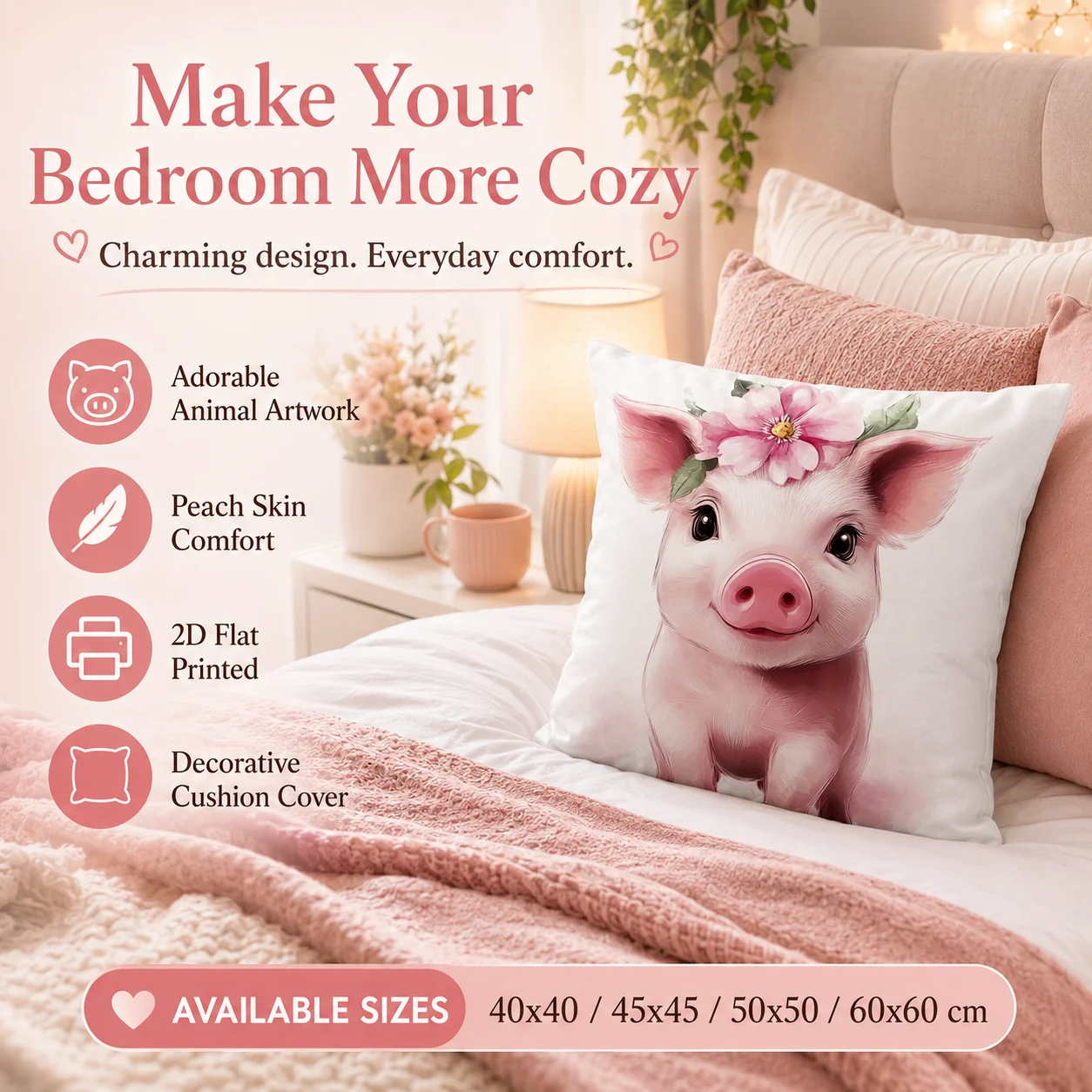 

Cute Floral Pig Pillowcase 2D Flat Printed Peach Skin Cushion Cover Pink Animal Throw Pillow Case for Sofa Bed Home Decor