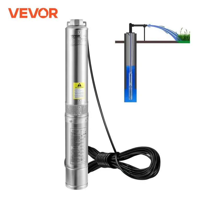 VEVOR Deep Well Submersible Pump 0.5/1/1.5/2/3 HP 230V/60Hz Stainless Steel Water Pumps for Industrial, Irrigation & Home Use