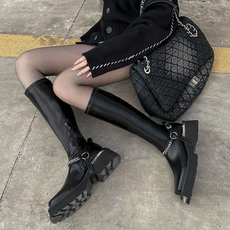 2024 Metal Chain Square Head Thick Bottom Contrast Color Motorcycle Knee Boots Elastic Boots Student Punk Women\'s Shoes 35-40