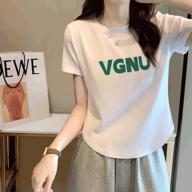 スレッドコットン半袖Tシャツレディースピュアディザイアウィンドスパイスガールショートサマースリムフィット多用途不規則なアークトップ