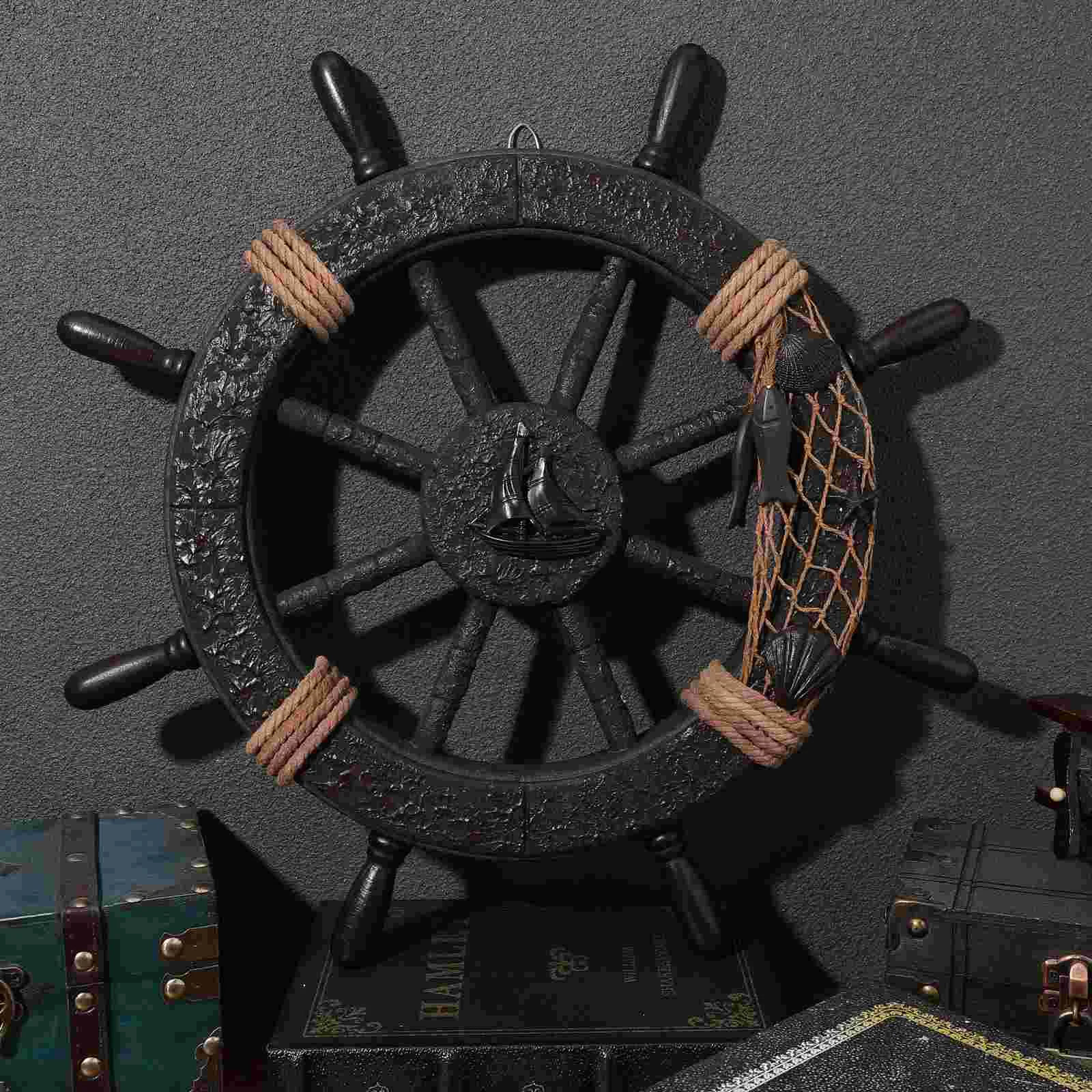 Home Decor Rudder Ship Wheel Boat Accessories Vintage Pirate Blue Fishnets Wooden Pendant Metal