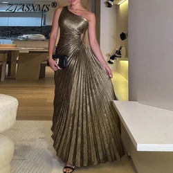 Golden Sexy Skew Collar Pleated Dresses Woman Spring Backless Hollow Party Dress Summer One Shoulder Sleeveless Long Maxi Dress