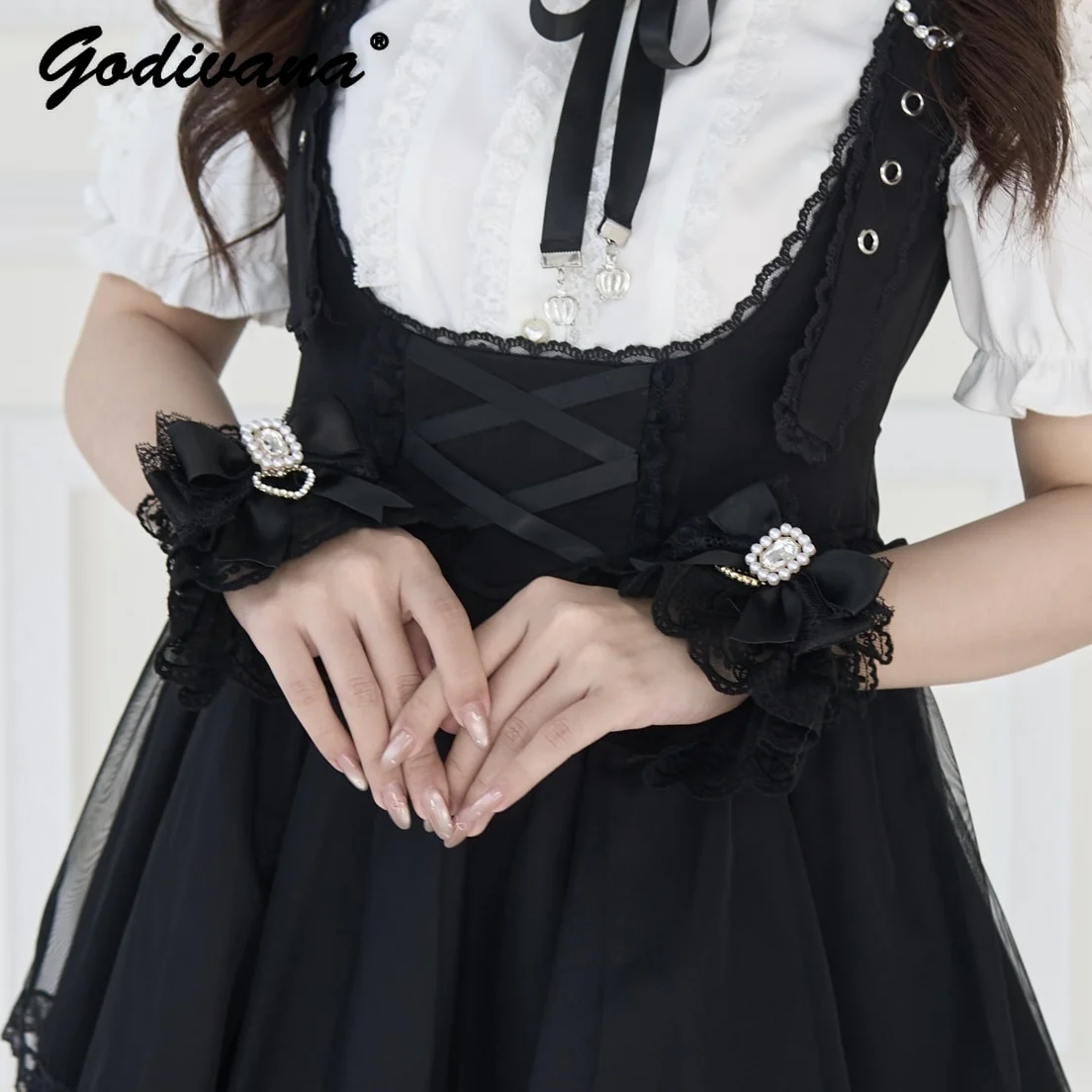 Manga de mano japonesa Mine producida en masa Lolita nueva chica dulce lindo arco amor Rhinestone encaje Oversleeve Cos calentador de brazo