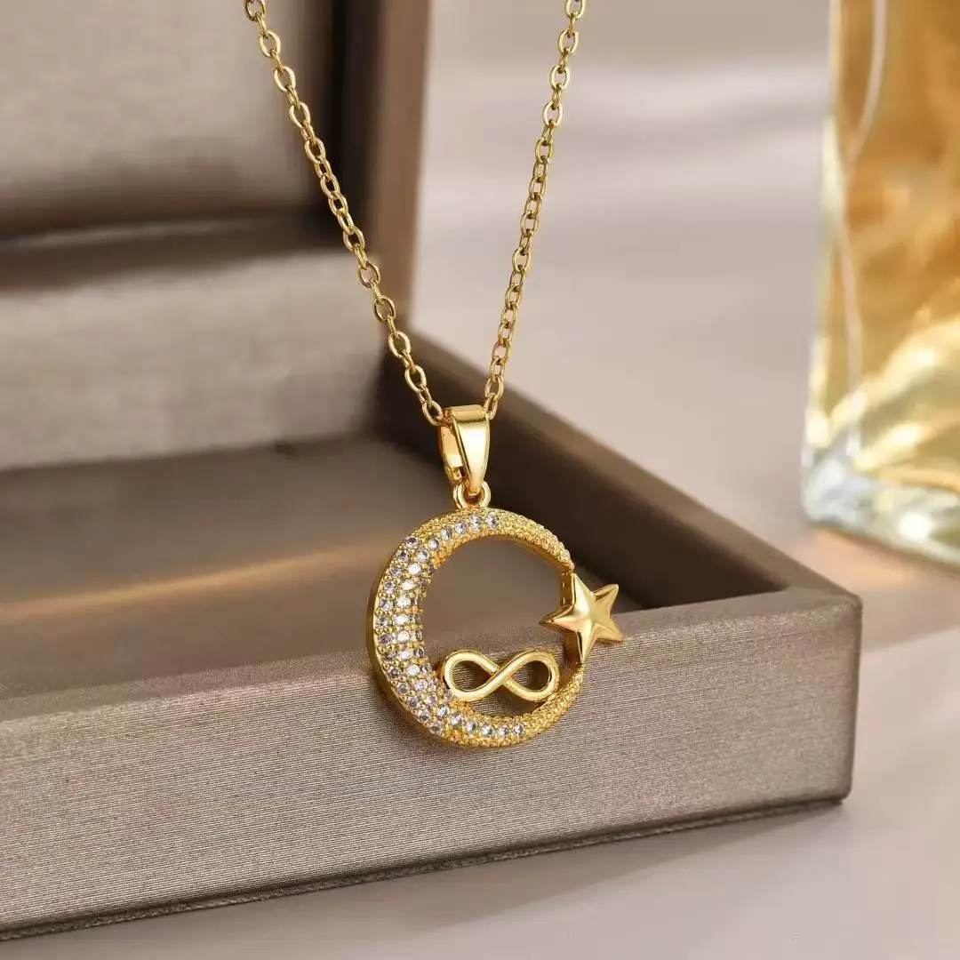 Stainless Steel Moon Endless 8 Pendant Chain Necklace for Women Fashion Minimalist Waterproof Infinity Collar Jewelry Party Gift